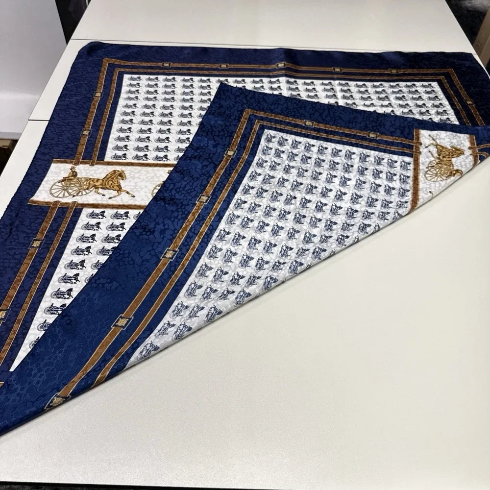 VTG Equestrian Satin Square Blue White Large Scarf 34